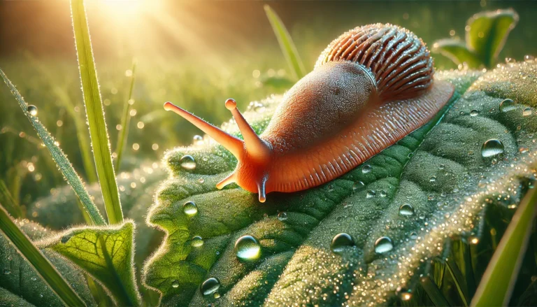 big slug in a dewy meadow in morning sunlight