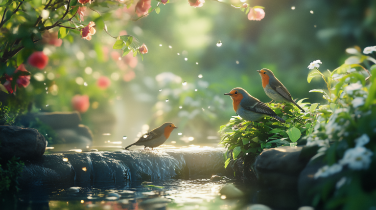 lush cottage garden with several robins sitting next to a water element.